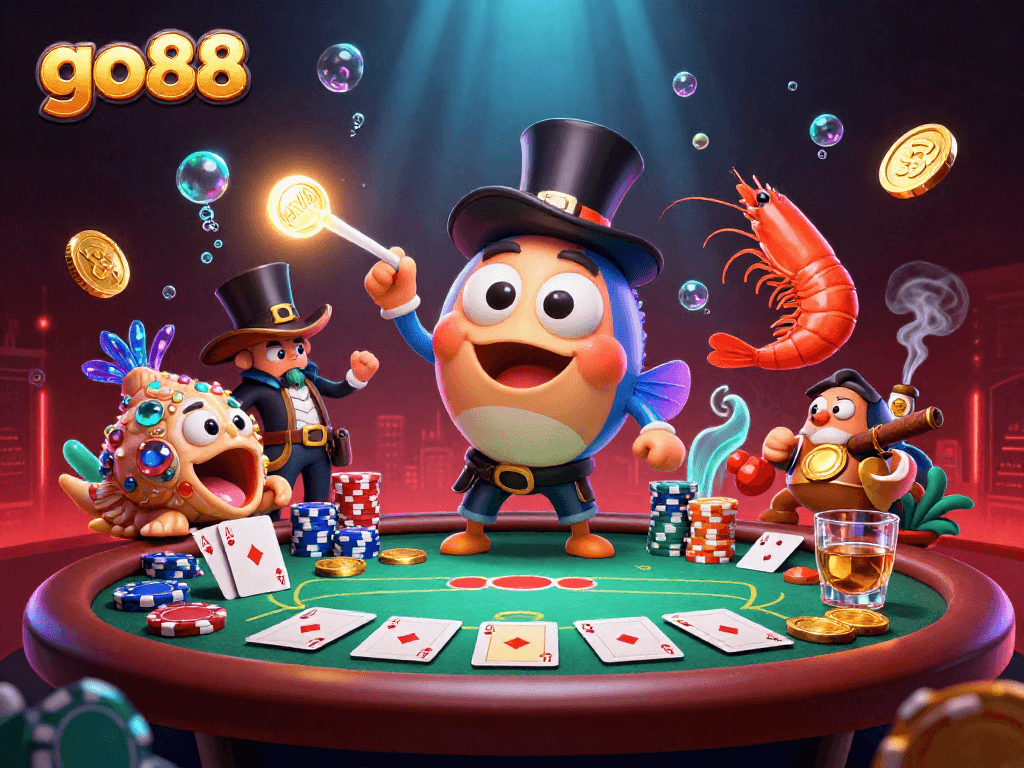 Engage with go88's vibrant 3D casino scene featuring animated sea characters and poker excitement.