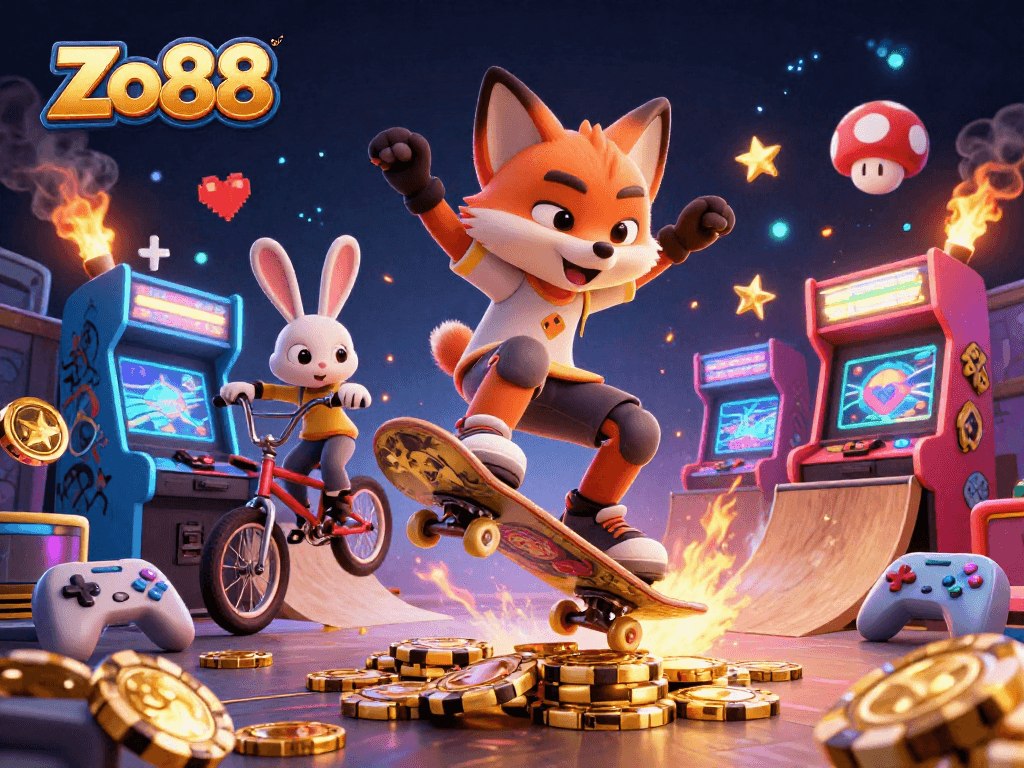 Experience thrilling gaming at Zo88 with a 3D skateboard fox and BMX rabbit in an action-packed casino scene.