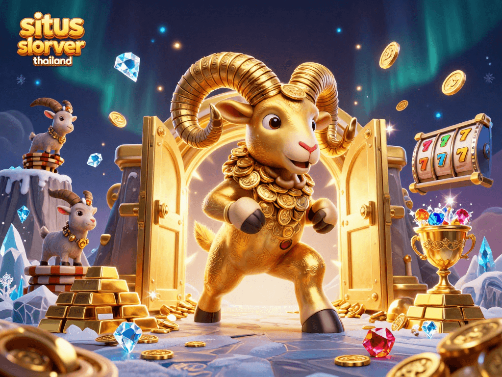 Spin the reels on the situs slot server thailand, featuring a golden ram amidst treasure and gems.