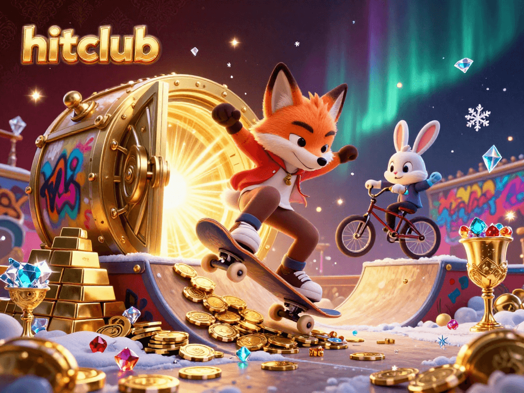 Hitclub showcases a cartoon fox and BMX rabbit in a dazzling casino-themed scene with gold treasures.