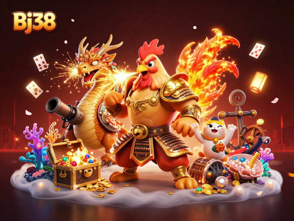 Bet on thrilling matchups at Bj38 with a dynamic scene featuring a warrior rooster and dragon in battle.