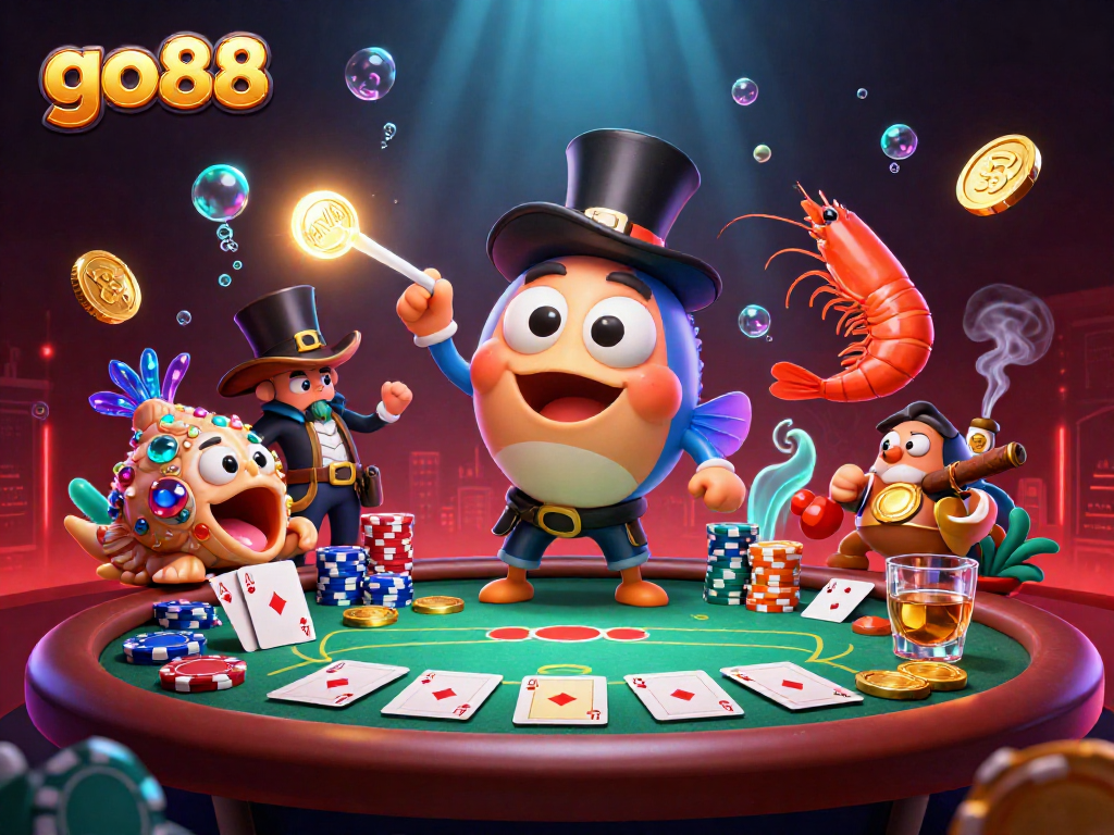 Engage with go88's vibrant 3D casino scene featuring animated sea characters and poker excitement.