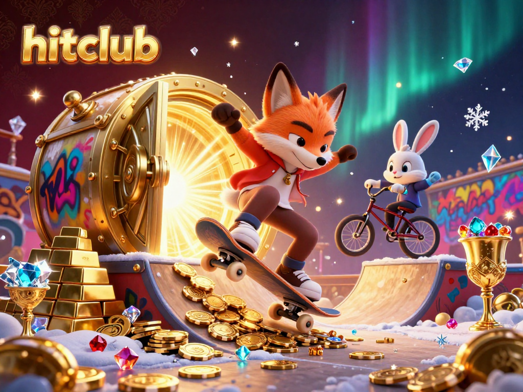 Hitclub showcases a cartoon fox and BMX rabbit in a dazzling casino-themed scene with gold treasures.