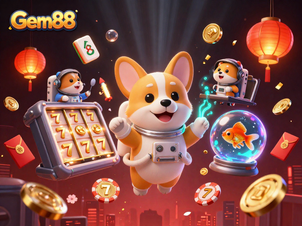 Experience thrilling gameplay at Gem88 with a floating corgi astronaut in a vibrant casino scene.