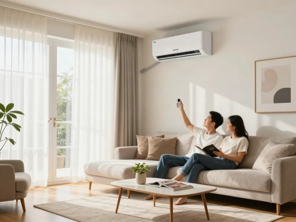 Modern living room with a mini split air conditioner enhancing comfort and style.