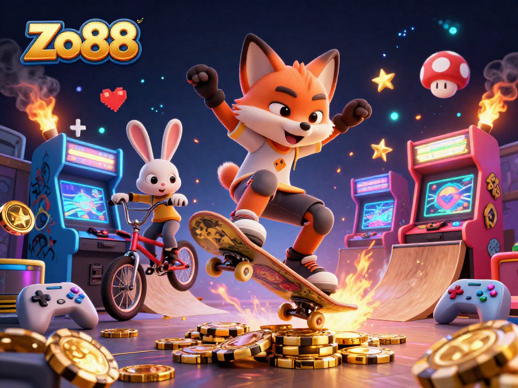 Experience thrilling gaming at Zo88 with a 3D skateboard fox and BMX rabbit in an action-packed casino scene.