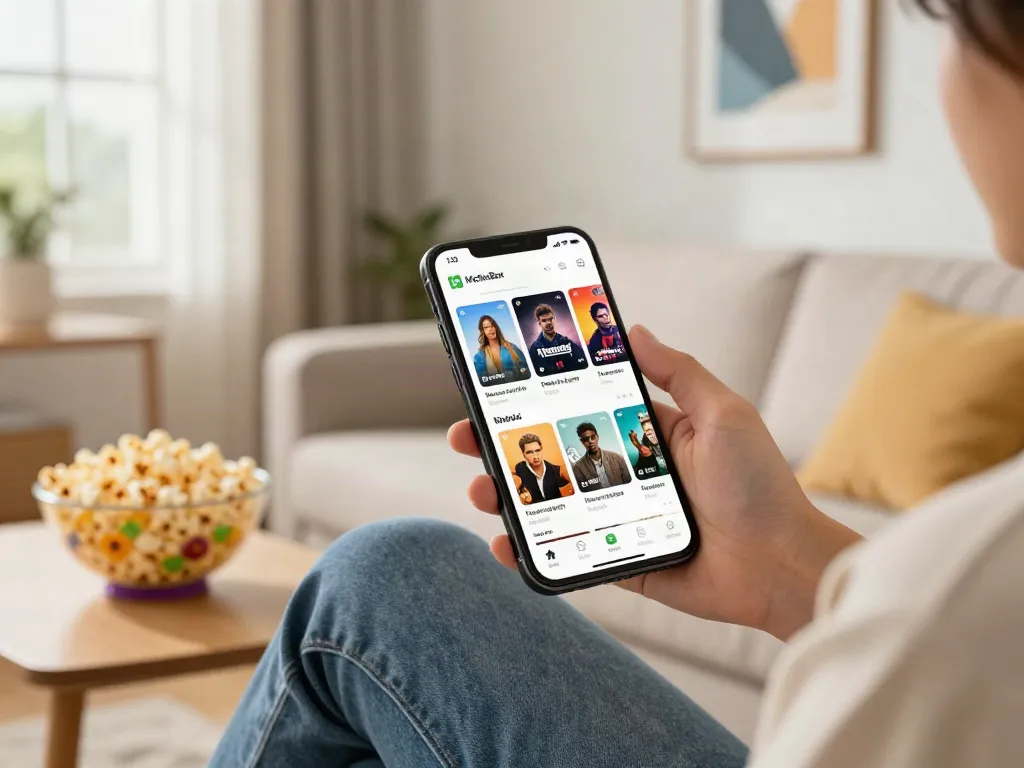 Engaged user exploring the MoviesBox app on Android in a cozy living room.