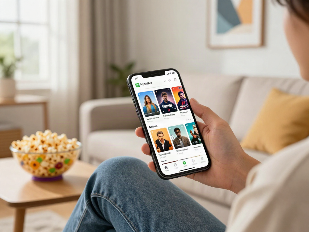 Engaged user exploring the MoviesBox app on Android in a cozy living room.