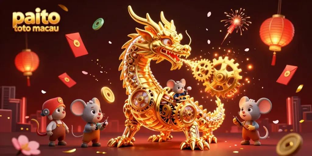Gambarkan paito toto macau dengan naga emas yang mekanis, terbang di antara energi kemenangan.