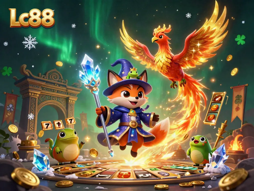Play Lc88 with enchanting wizard, fiery phoenix, and captivating slot reels in a vibrant casino scene.