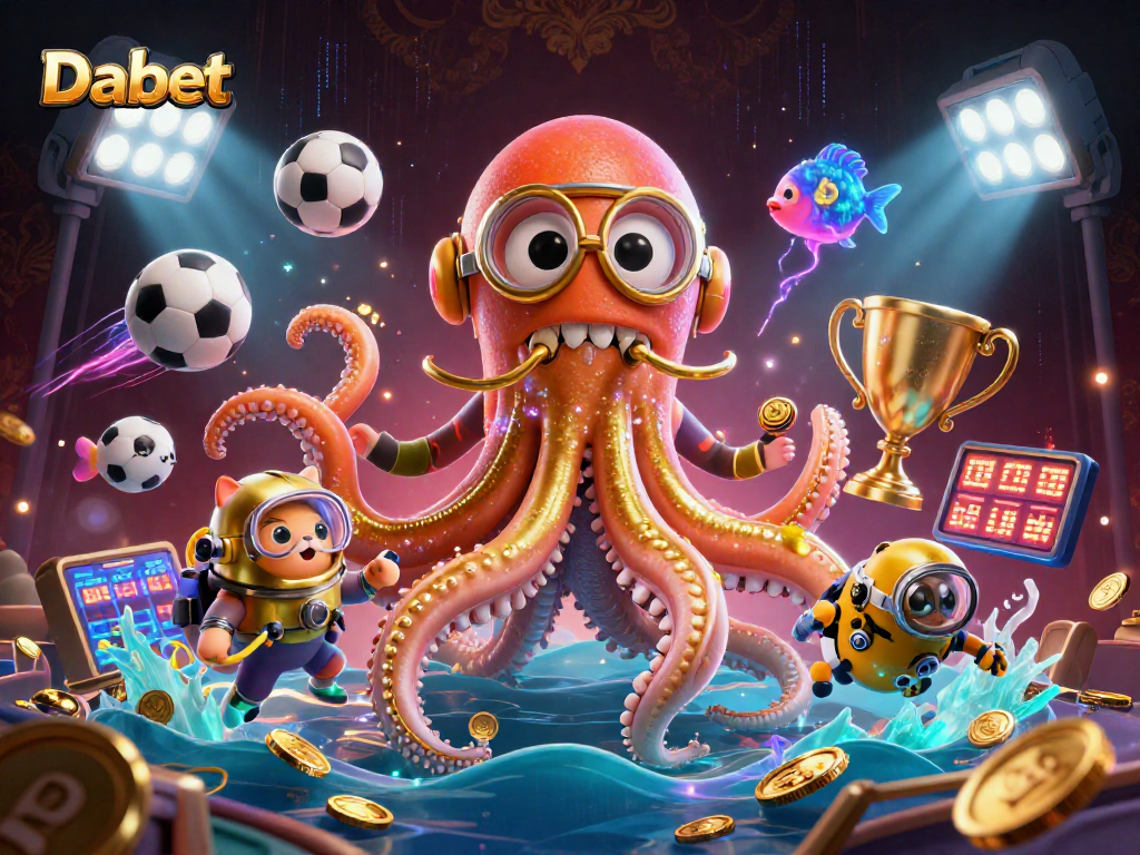 Dabet captures excitement with a vibrant 3D scene featuring kraken, cat, and dynamic sports elements.