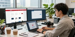 Professional workspace featuring WPS Official Website on multiple screens, showcasing creativity and productivity.